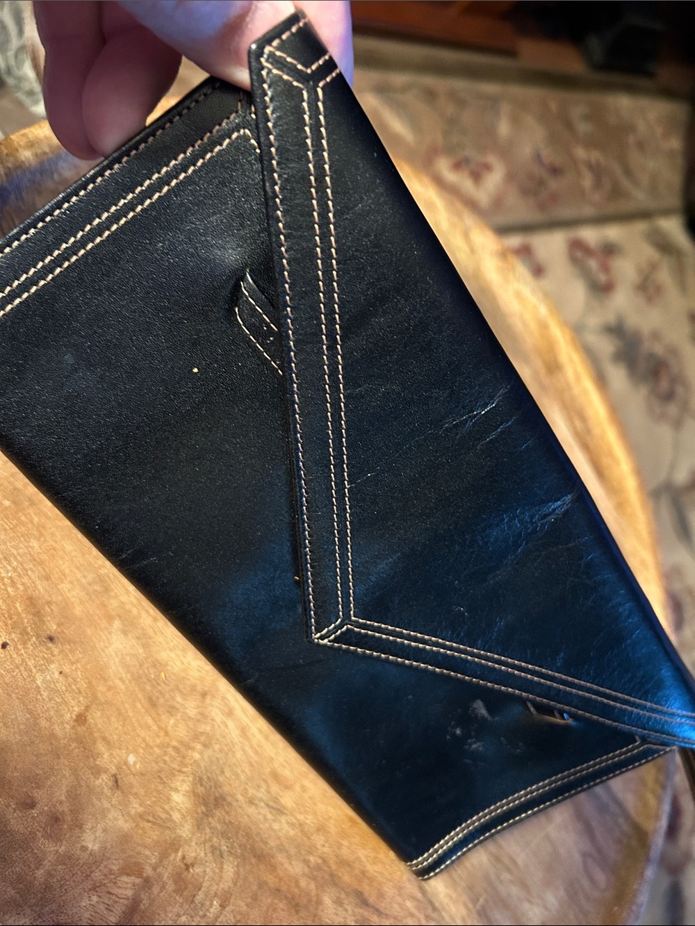 Black Leather Wristlet Clutch with Contrast Stitching - Unbranded